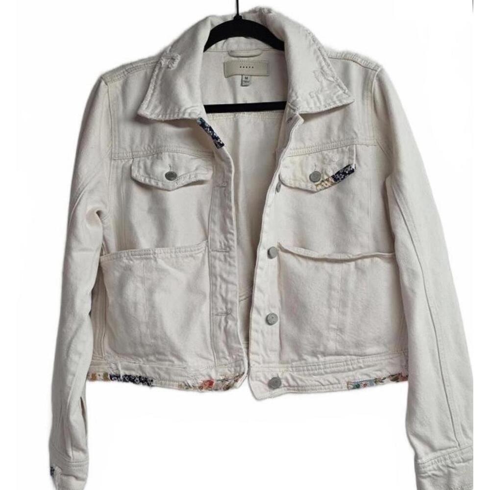 White Denim Jacket with Floral Detail, Size M